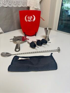 Silver Bar Tool Set with Red Storage Pouch - Cocktail Accessories